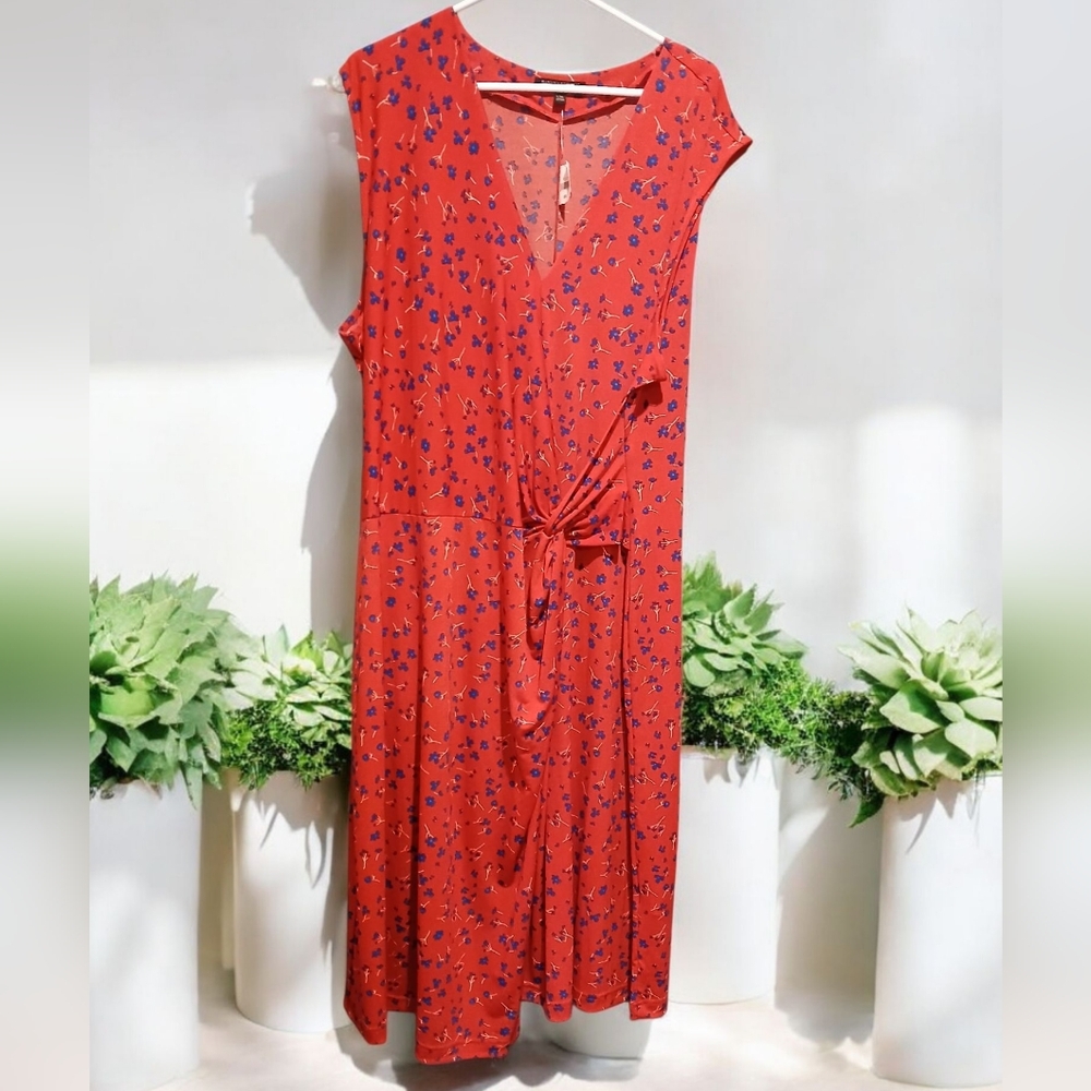 New Banana Republic Plus Red Blue Floral Faux Wrap Tie Dress Midi Sheath